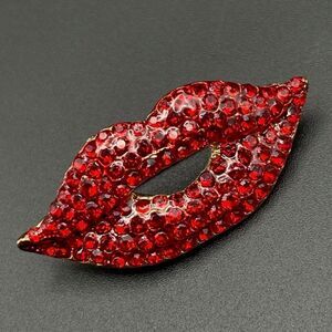 Yellow Gold with Ruby Red Crystal Lip Shaped Pin Back Brooch